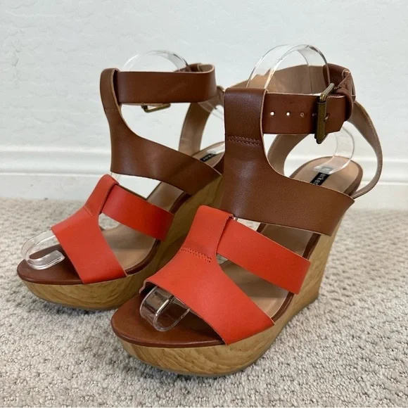 Parker & Sky Brown Orange Strappy Buckle Platform Wedge Heels Size 8 - Picture 3 of 7